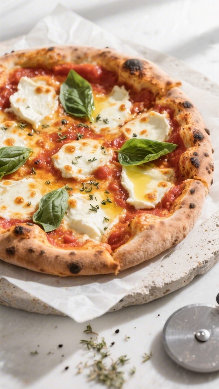 Overhead shot of a just-baked Classic Margherita pizza on parchment over a preheated pizza stone, ch