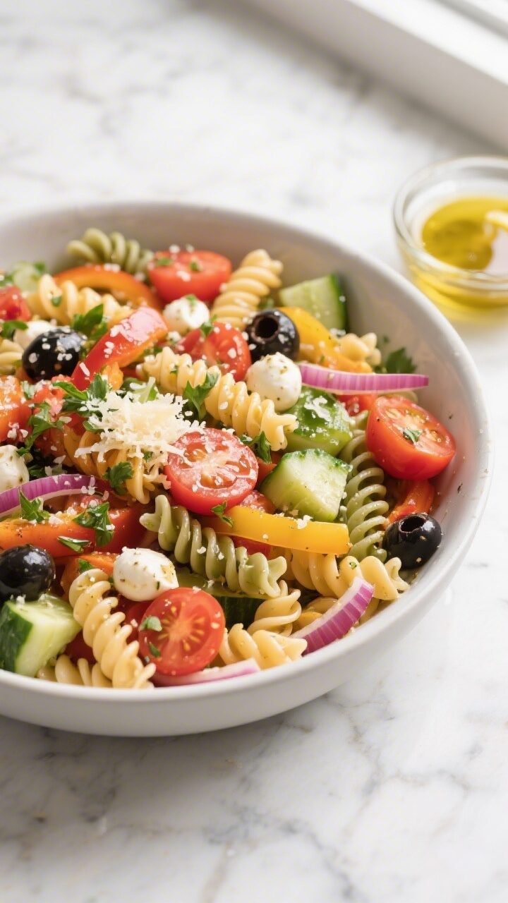 Overhead shot of a just-tossed tricolor rotini pasta salad in a wide, matte-white mixing bowl, pasta