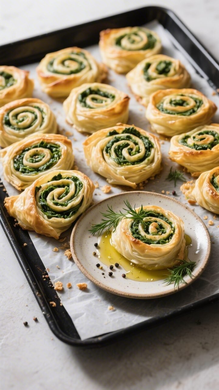 Overhead shot of a vegan party spread centerpiece: golden spinach-phyllo pinwheels just out of the o