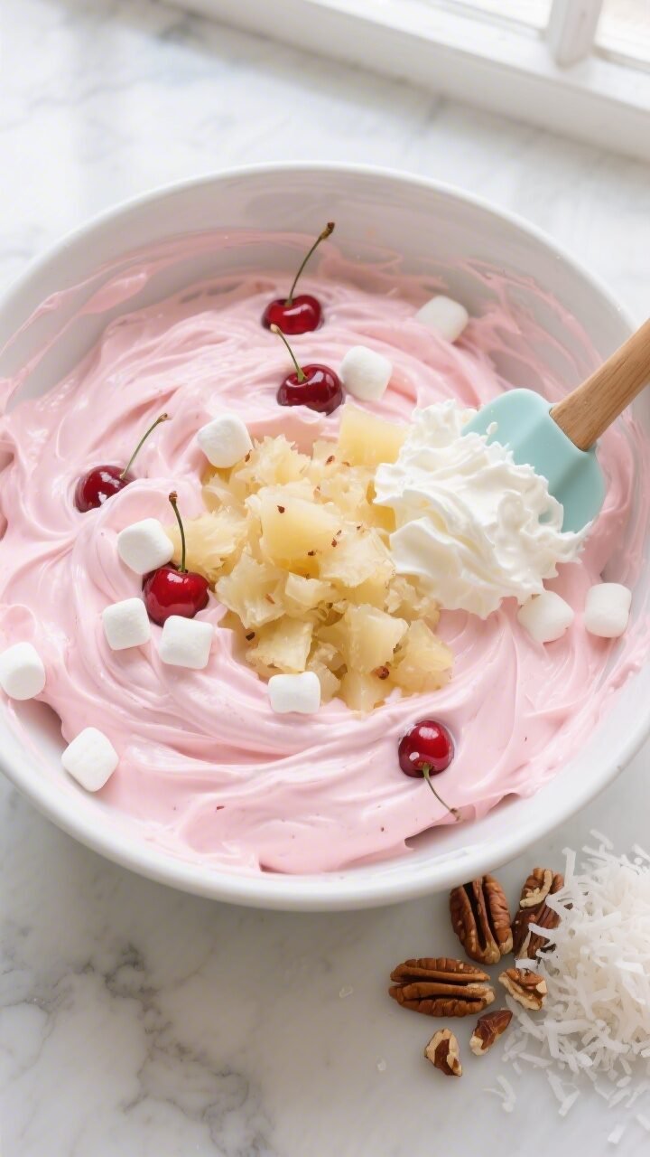 Overhead shot of cherry fluff salad mid-prep: a large white mixing bowl filled with a glossy, even-p