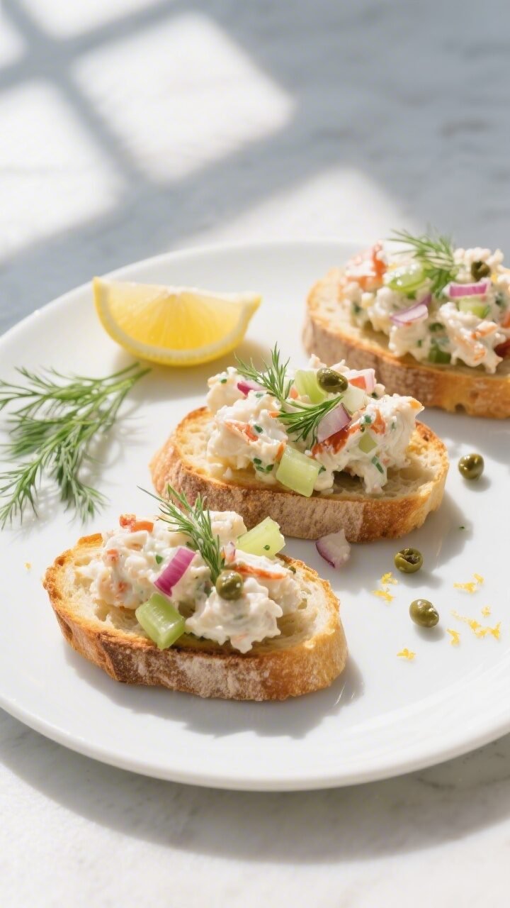 Overhead shot of creamy crab salad piled onto toasted sourdough slices, golden edges and visible lum