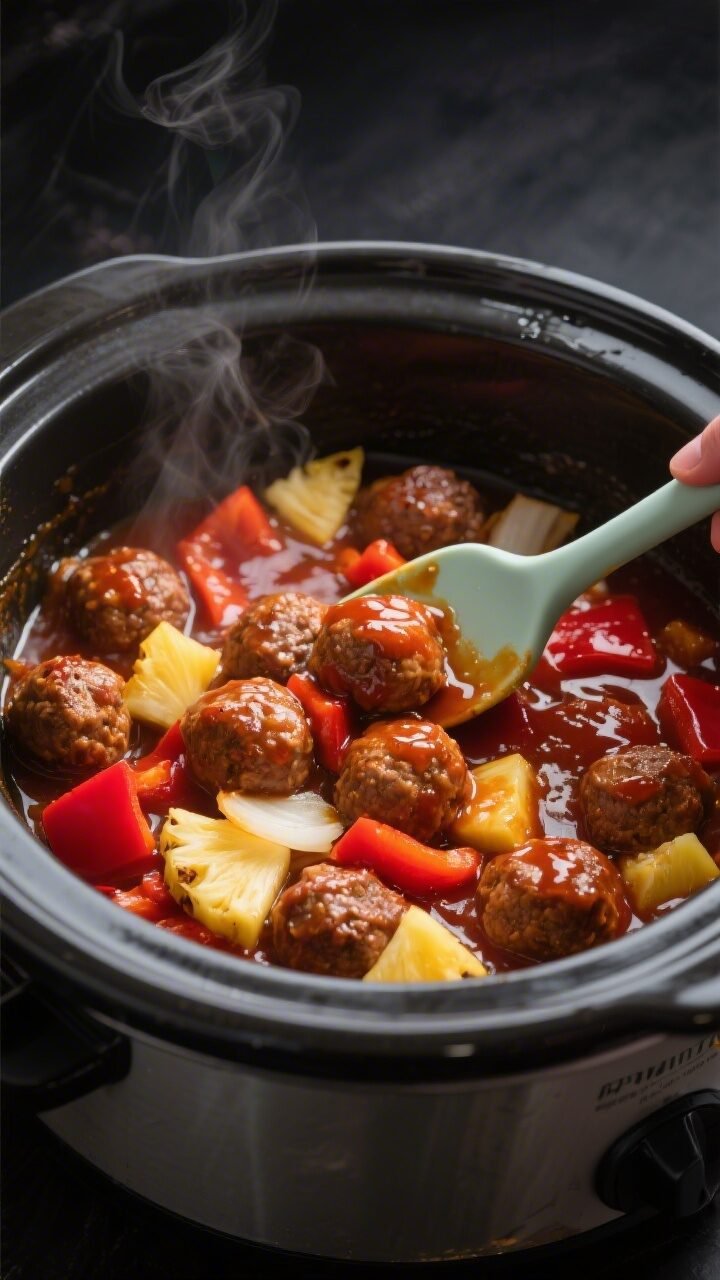 Overhead shot of crockpot sweet & sour meatballs mid-cook in a slow cooker: glossy, thickened pineap