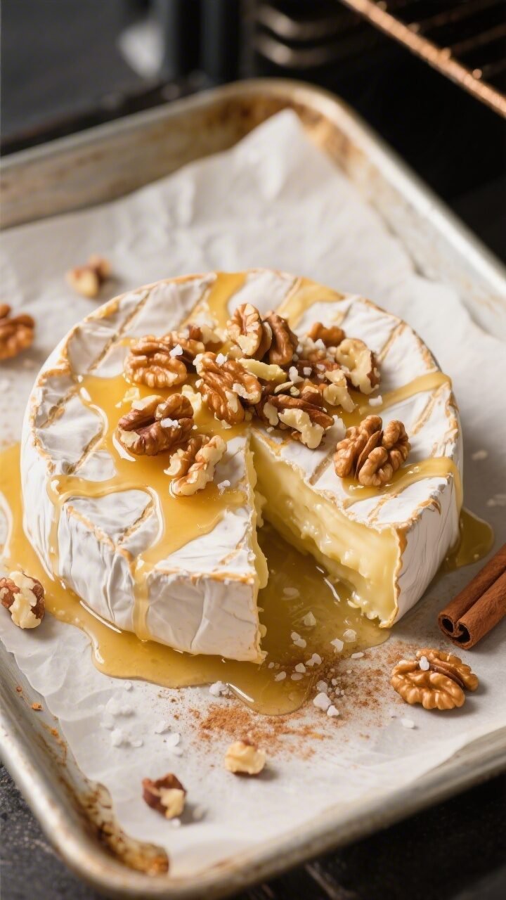 Overhead shot of freshly baked Brie just out of the oven on a parchment-lined sheet pan, rind intact