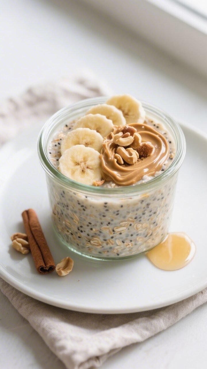 Overhead shot of prepared overnight oats in a clear glass jar right after the morning stir, showing