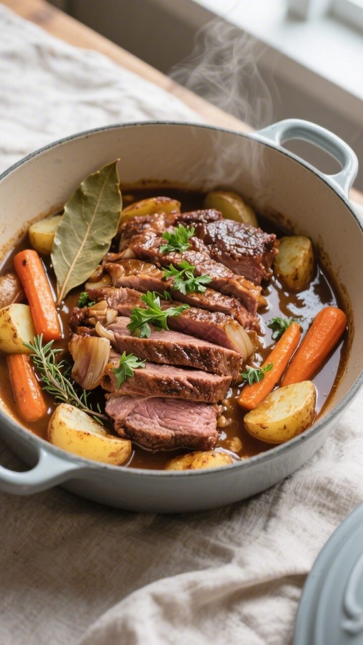 Overhead shot of sliced traditional brisket with potatoes and carrots arranged in a shallow enamel D