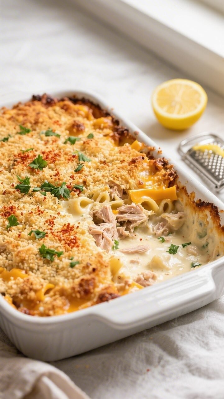 Overhead shot of the baked creamy tuna casserole just out of the oven in a 9x13 dish, edges visibly 