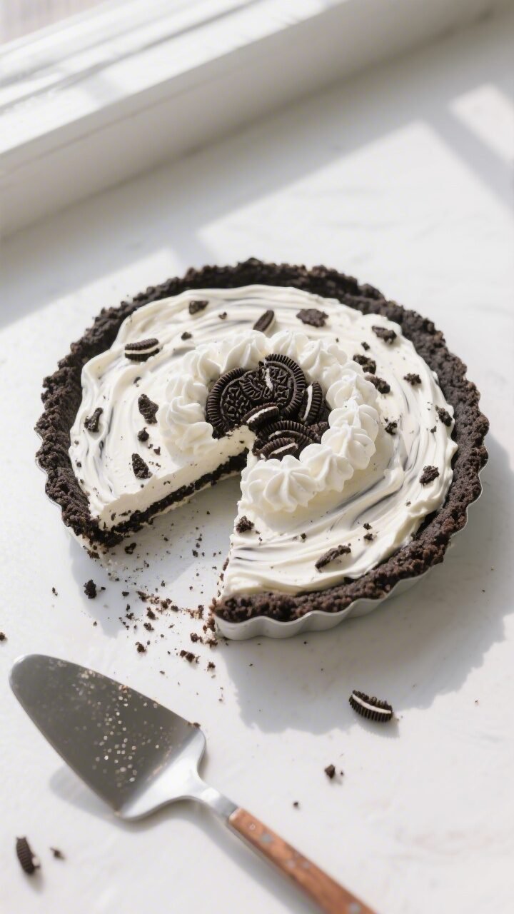 Overhead shot of the finished No-Bake Cream Cheese Oreo Pie just before serving: set in a 9-inch pie