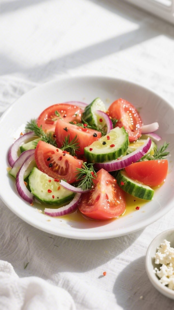 Overhead shot of the prepared Tomato Cucumber Onion Salad resting for 10–15 minutes in a wide, sha