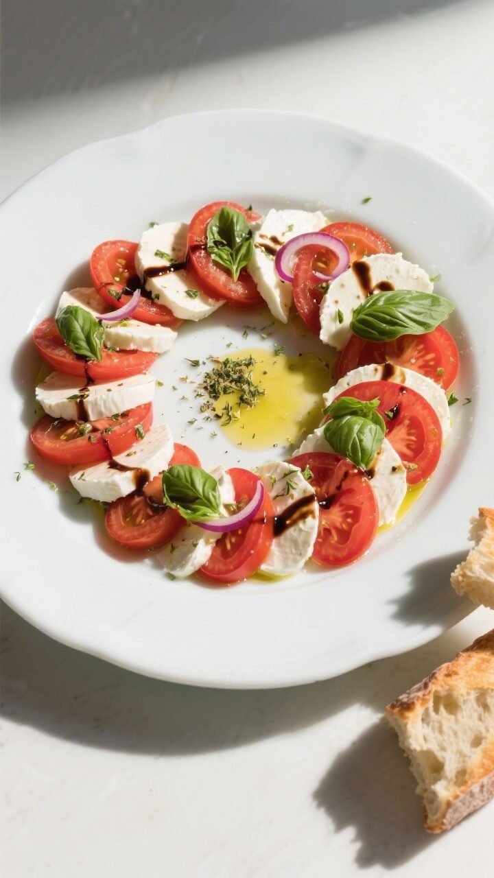 Tasty top view, final presentation: Overhead shot of the fully assembled Italian-style tomato mozzar