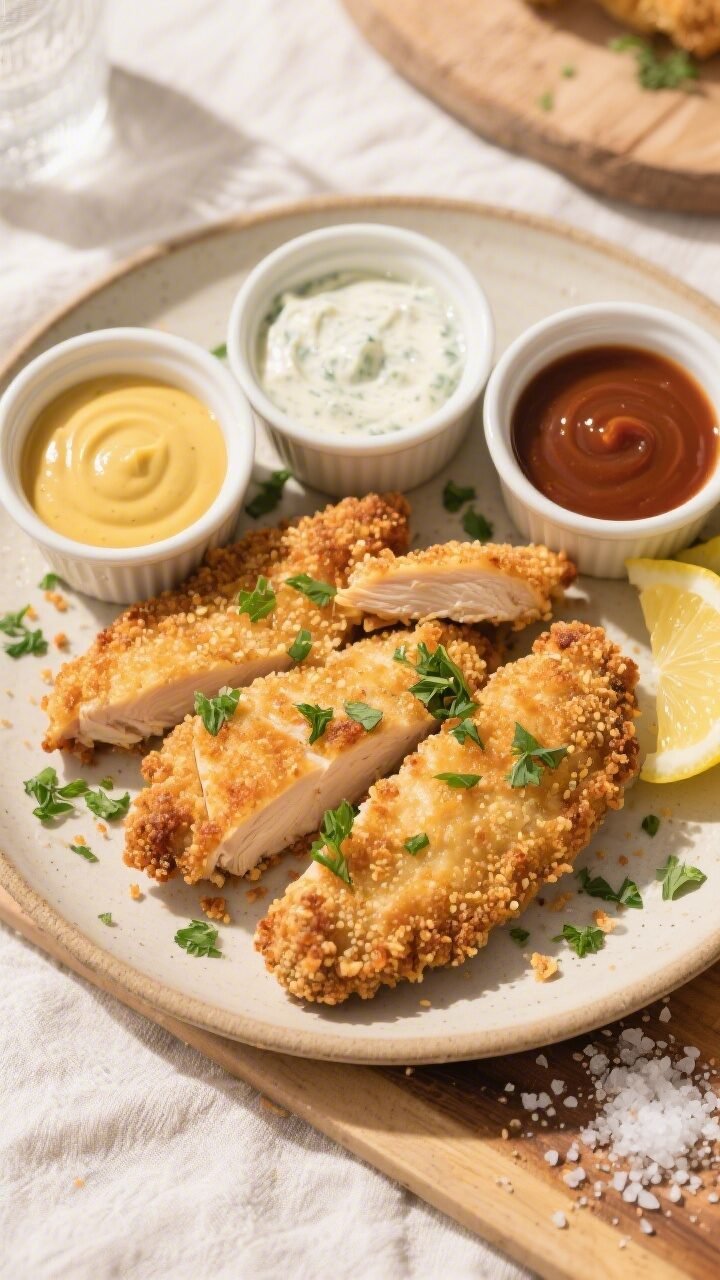 Tasty top view final presentation: Overhead shot of a platter of crispy baked chicken tenders sprink