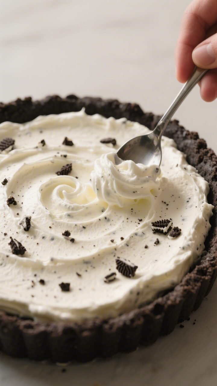 Tight close-up process shot of the airy filling being spooned into the chilled Oreo crust: silky cre