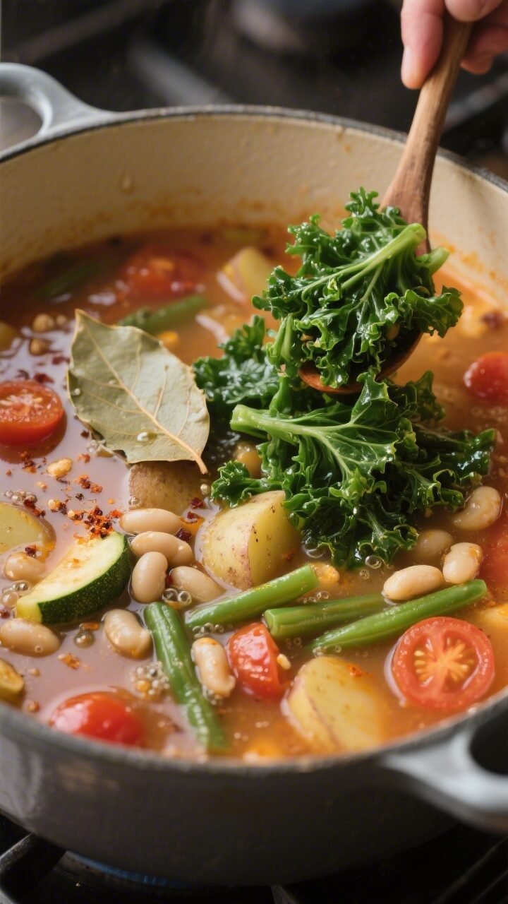 Close-up cooking process shot: soup simmering in a Dutch oven at the “finish with greens” stage;
