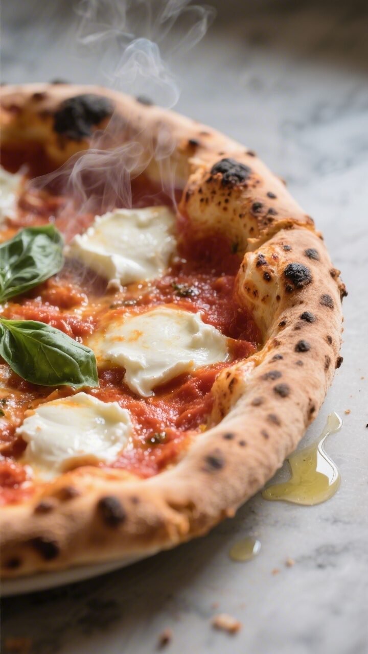 Close-up detail: A Neapolitan Margherita pizza just out of a blazing-hot oven, showing pronounced le