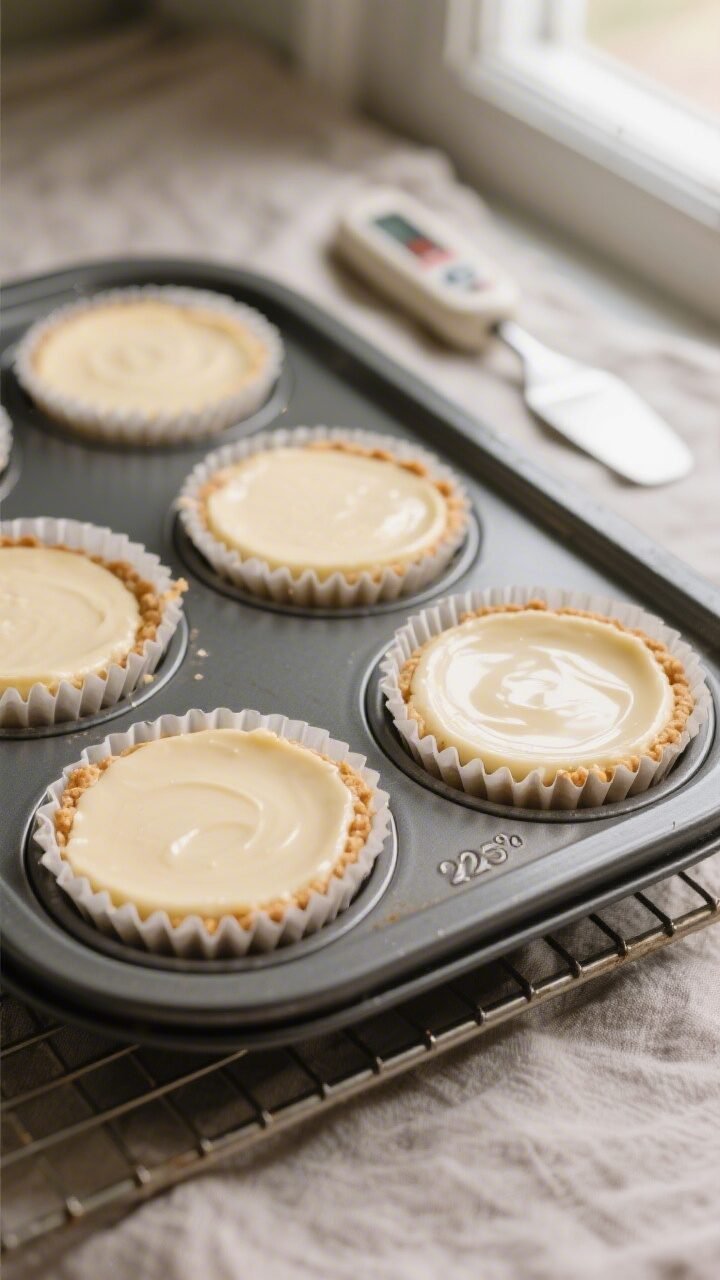 Close-up detail and process shot: Mini cheesecakes just out of the oven in a lined muffin pan at 325