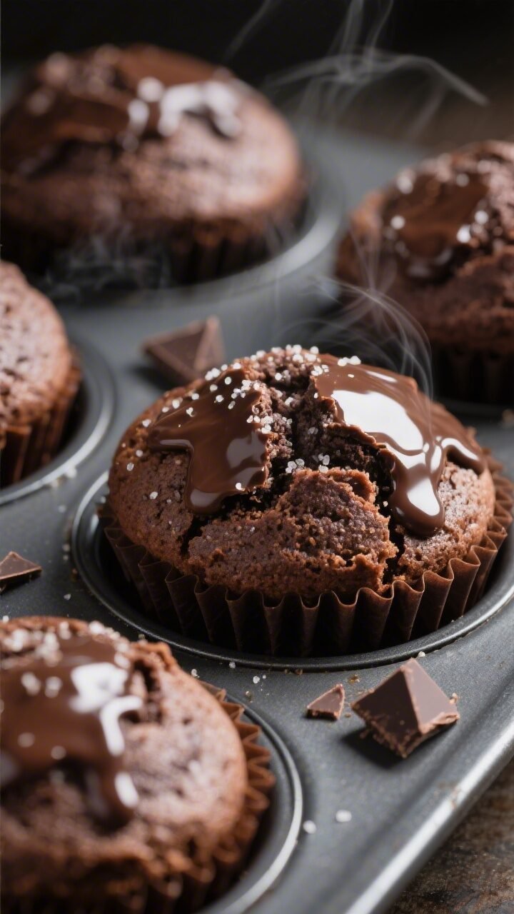 Close-up detail: Freshly baked double chocolate muffins just out of the pan, high domed tops with gl