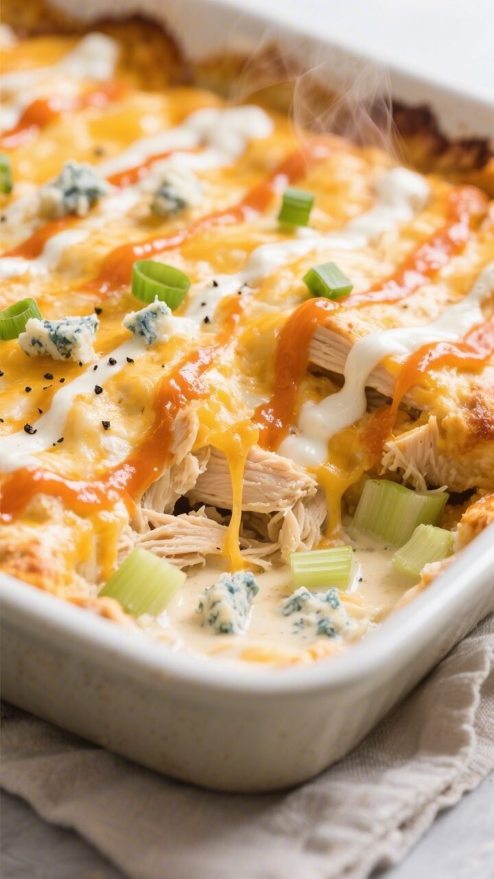 Close-up detail of a freshly baked Cheesy Buffalo Chicken Casserole just out of the oven: molten moz
