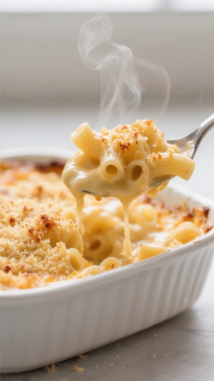 Close-up detail of a spoon lifting creamy baked macaroni and cheese from a casserole, showcasing glo