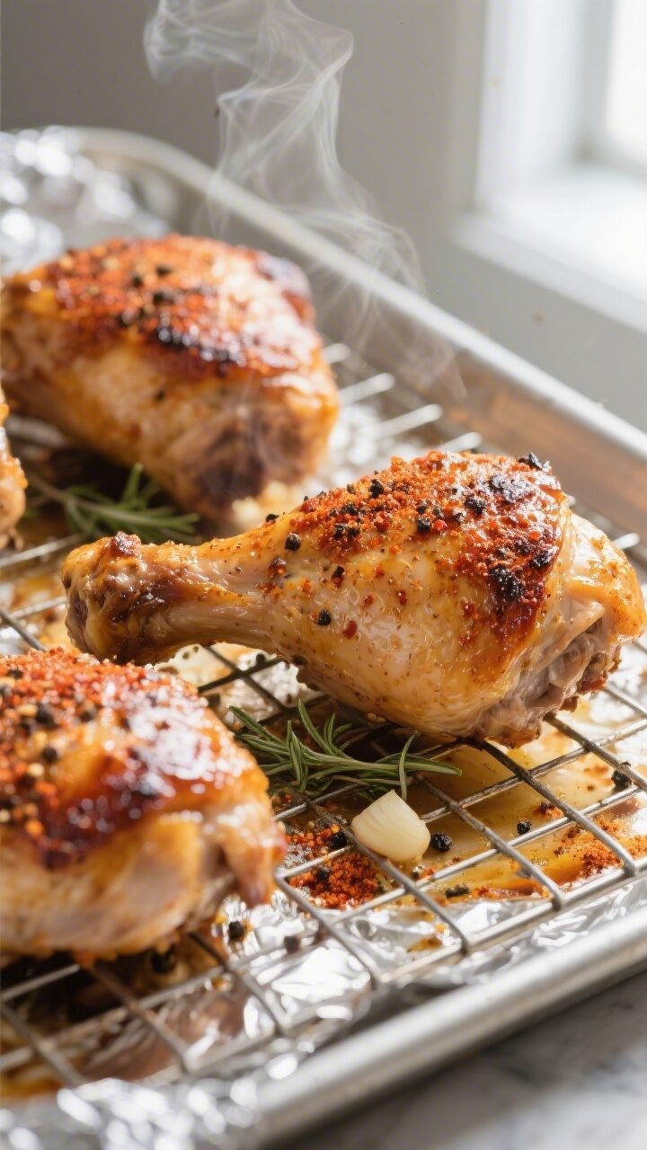 Close-up detail of baked chicken thighs just out of the oven on a wire rack over a foil-lined sheet