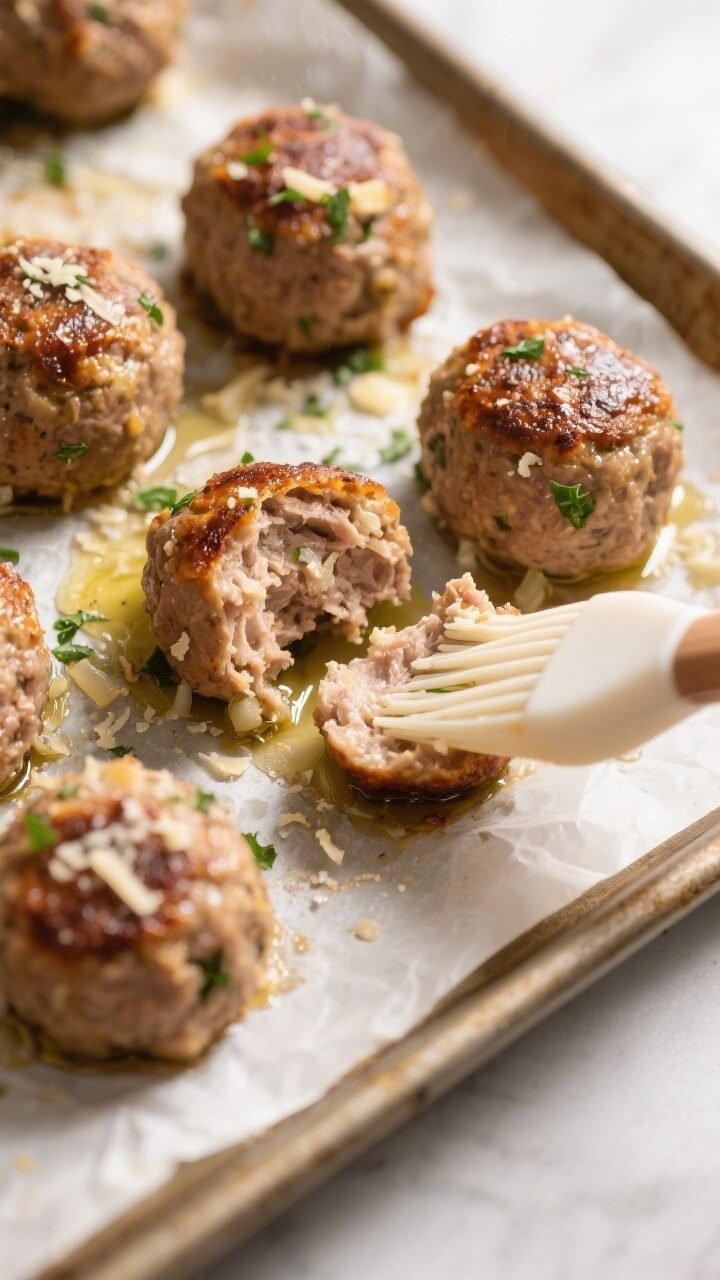 Close-up detail of baked Italian turkey meatballs just out of the oven on a parchment-lined, lightly