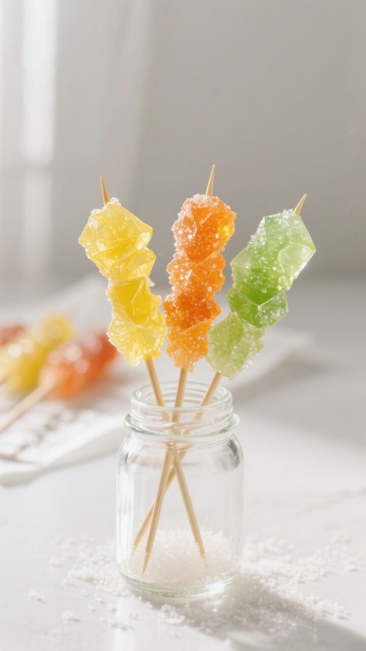 Close-up detail of finished rock candy skewers in vibrant citrus trio colors—lemon yellow, orange,