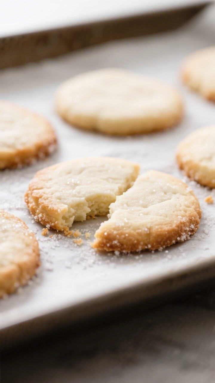 Close-up detail of freshly baked no-chill sugar cookies just out of the oven on a parchment-lined sh