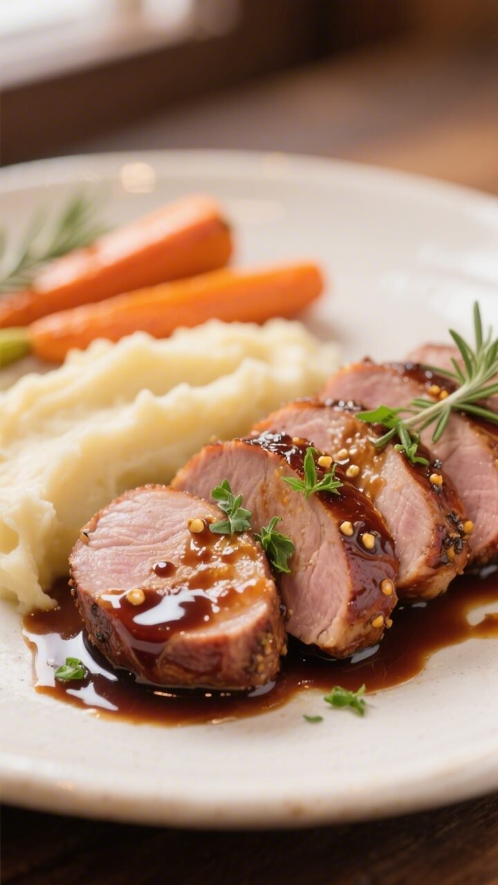 Close-up detail of sliced balsamic glazed pork tenderloin medallions on a warm white ceramic plate, 