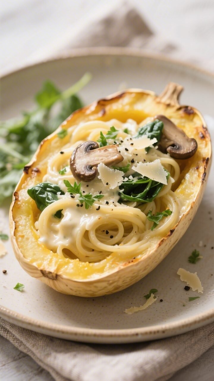 Close-up detail of the final plated Spaghetti Squash Alfredo served in the roasted squash shell: ten