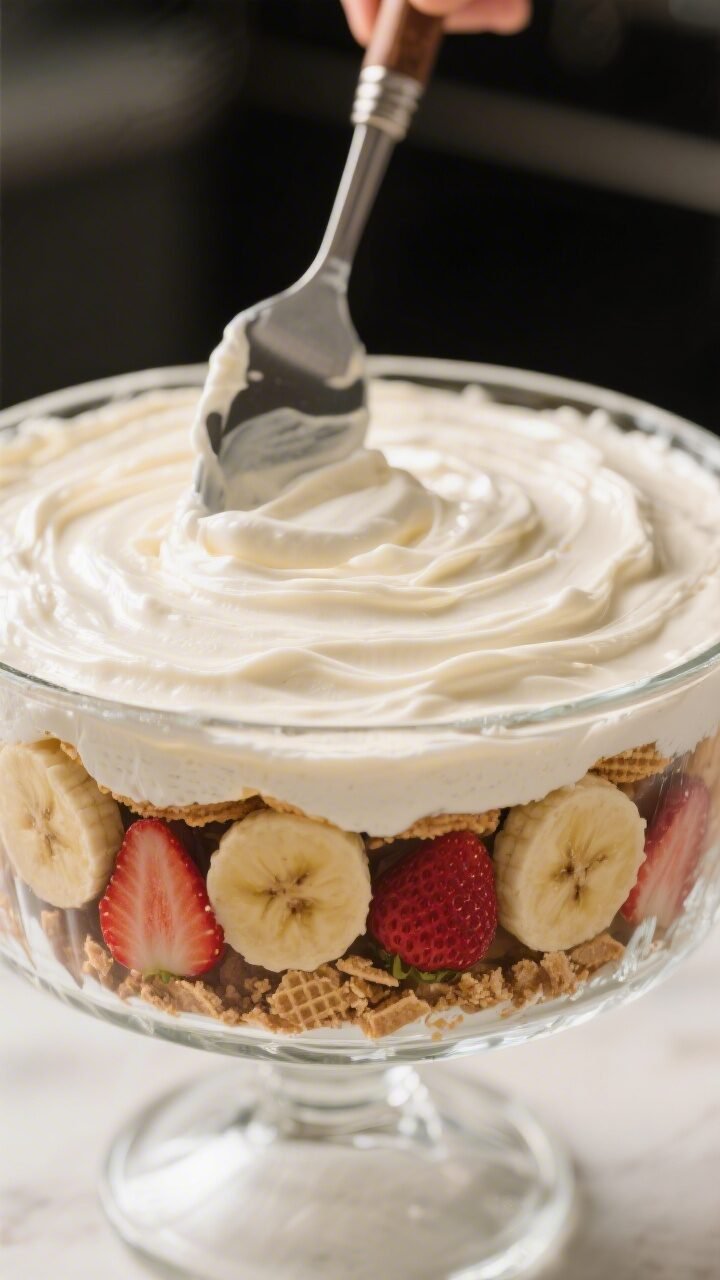 Close-up detail of the final top layer being smoothed in a large trifle bowl: glossy, airy pudding-c