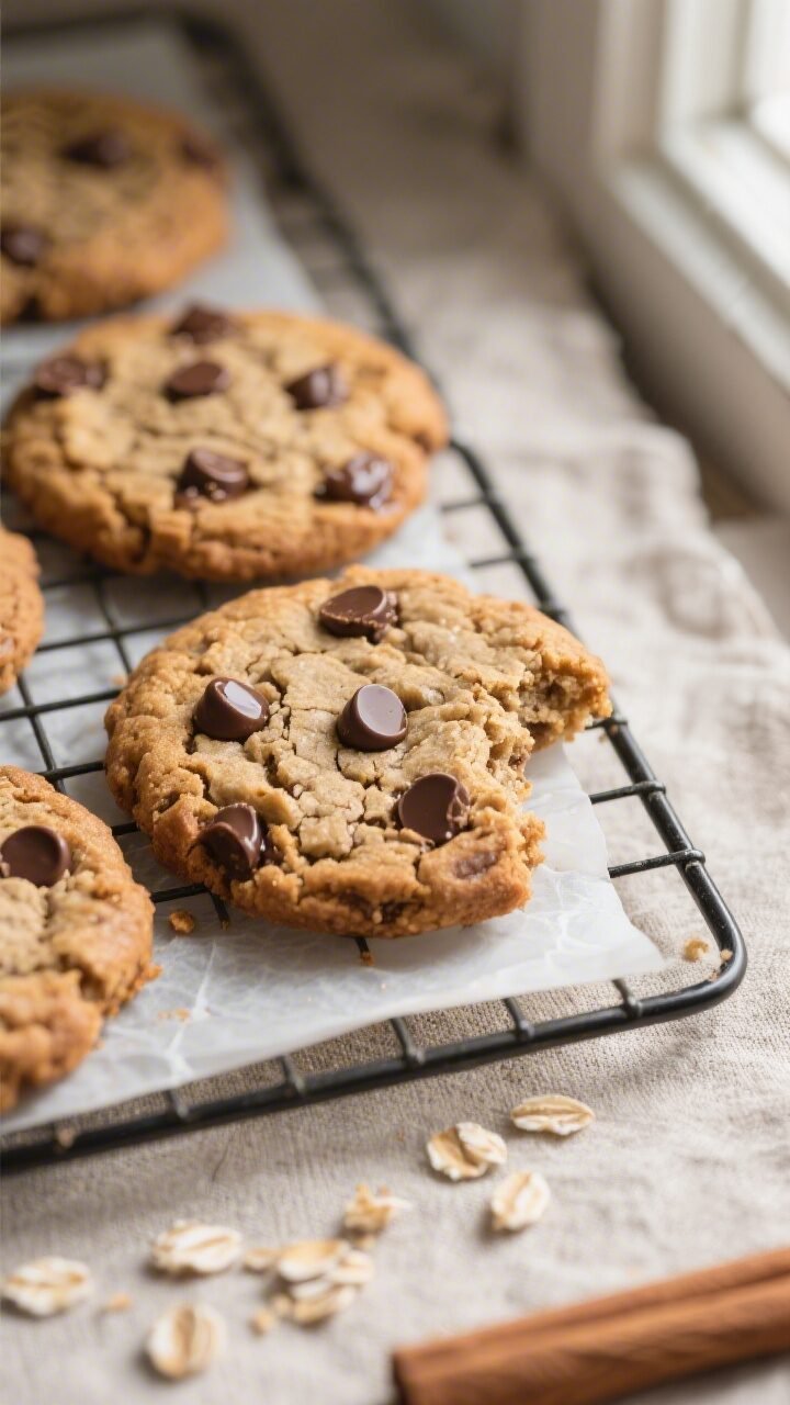 Close-up detail shot: Freshly baked vegan oatmeal chocolate chip cookies cooling on a wire rack, edg
