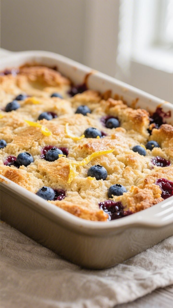 Close-up detail shot of a freshly baked Southern Blueberry Cobbler just out of the oven, golden cake