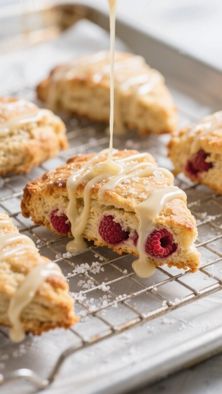 Close-up detail shot of freshly baked raspberry scones cooling on a wire rack, golden edges with vis