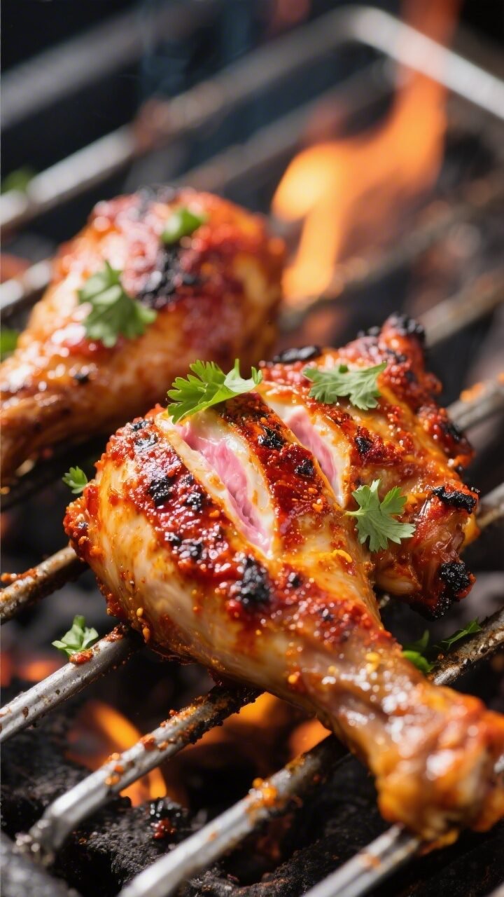 Close-up detail shot of grilled chicken tandoori thighs just off the grill, showing deep smoky char
