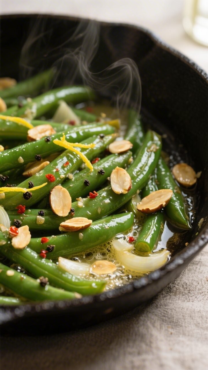 Close-up detail shot of sautéed green bean almondine finishing in the skillet: vibrant, glossy, cri