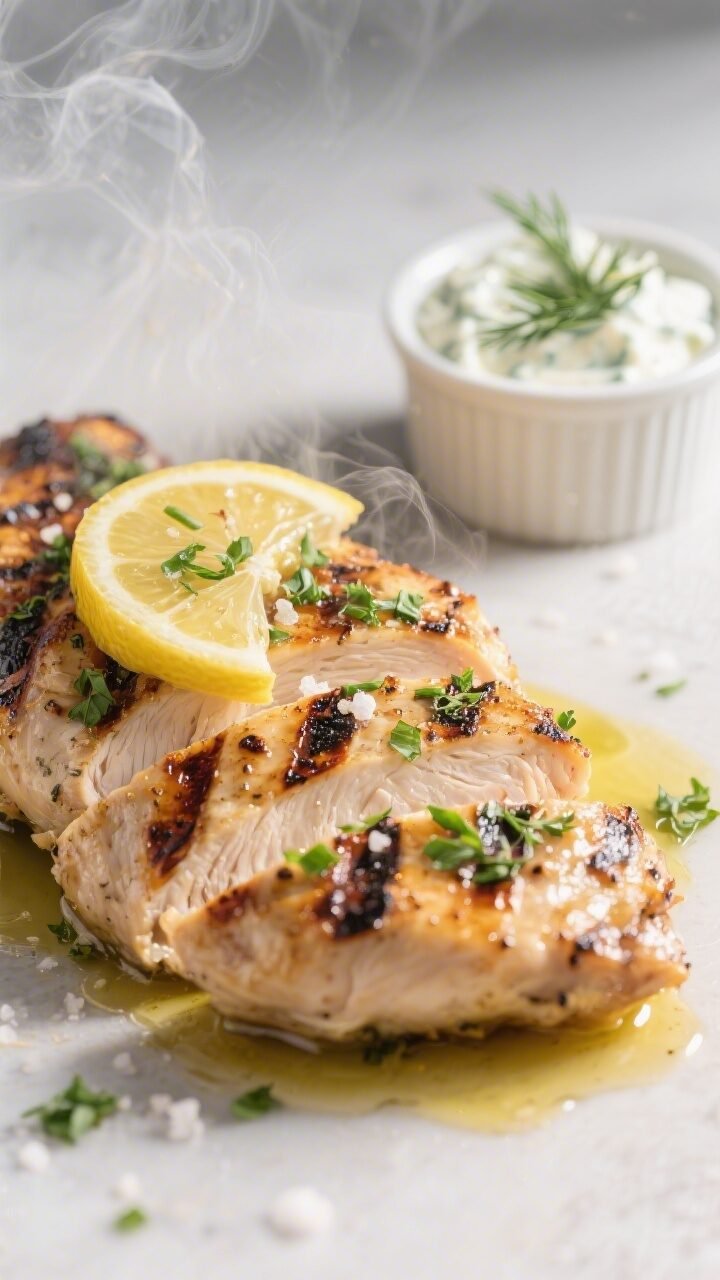 Close-up detail shot: Sliced lemon-garlic-oregano chicken just off the grill, glistening with olive