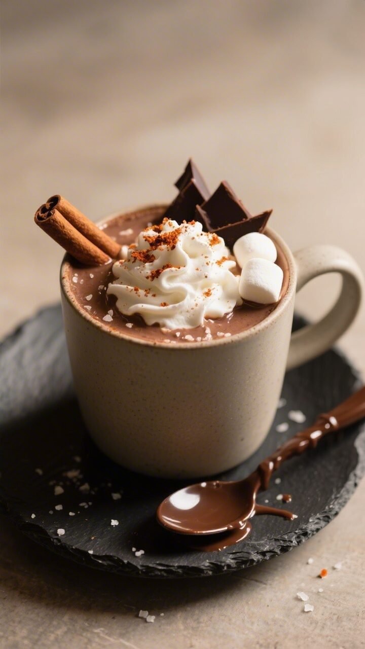Close-up final presentation of a mug of Spicy Mexican Hot Cocoa: luxuriously thick, velvety surface 