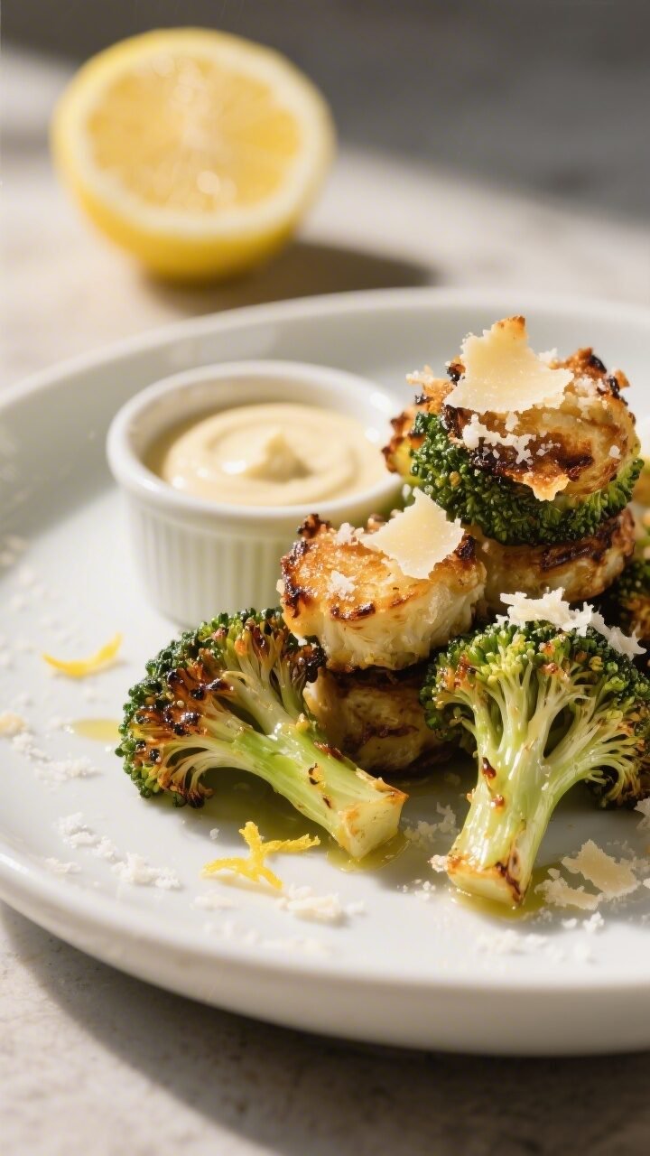 Close-up, of the final plated Parmesan Roasted Broccoli Bites in a wide, white shallow bowl; florets
