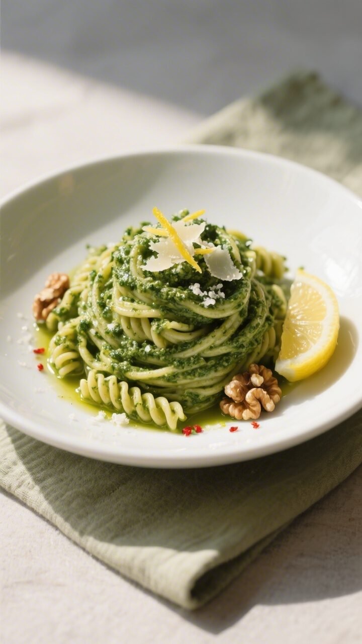 Close-up plated final dish: a shallow white ceramic bowl of spinach & walnut pesto pasta twirled hig