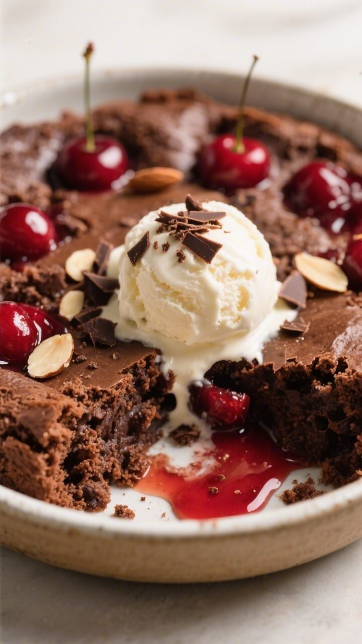 Close-up plated serving of Chocolate Cherry Dump Cake in a shallow ceramic bowl, a generous scoop br