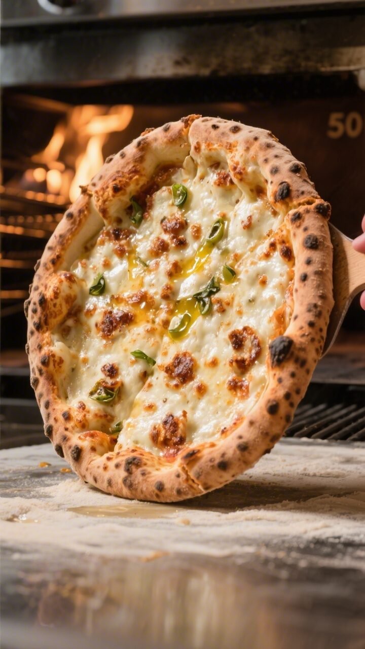 Close-up process detail of a hand-stretched, fully cooked thin-crust pizza being rotated on a peel m