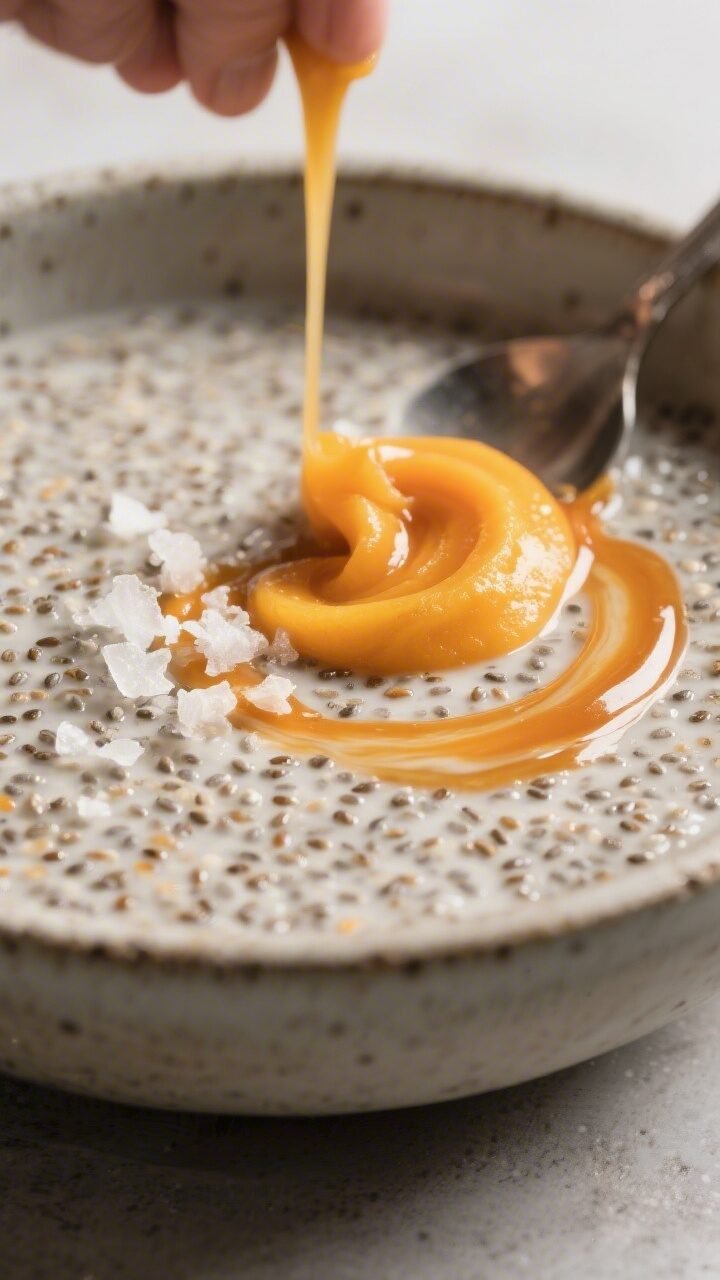Close-up process detail of chia pudding just after the “stir, rest, stir again” step: thickened,