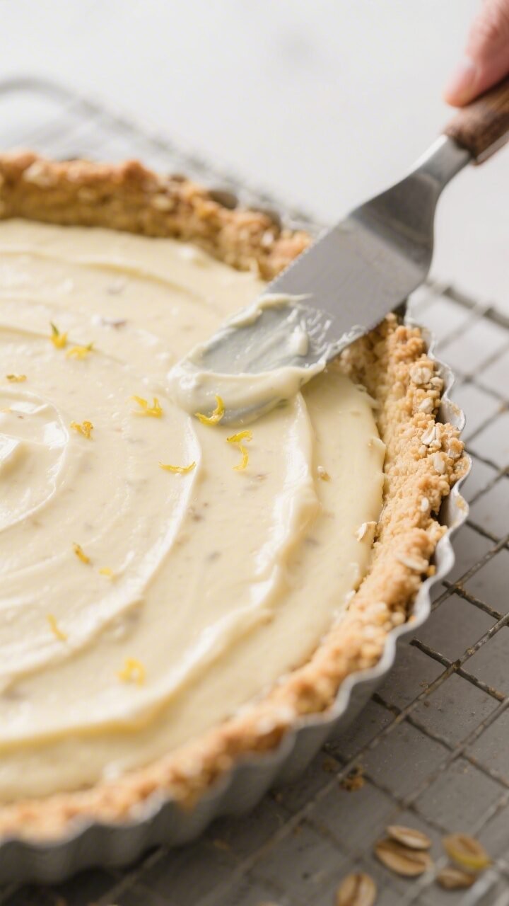 Close-up process detail of the almond crust just baked and cooled in a 9-inch tart pan with removabl