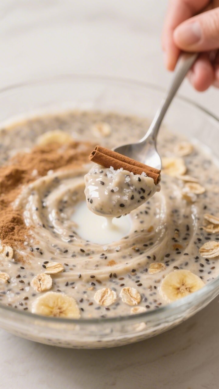 Close-up process detail of the prepared mixture being stirred in the morning to loosen before servin