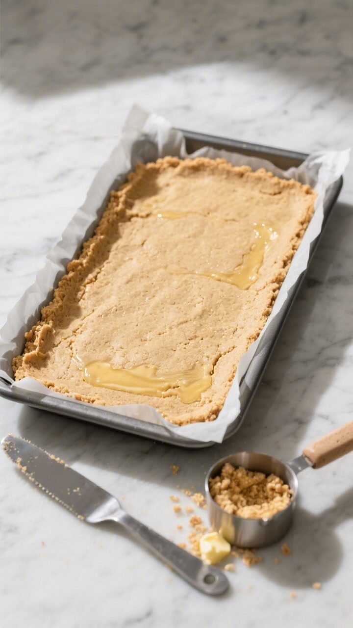 Close-up process shot: A 9x13-inch parchment-lined pan on a cool marble surface with the no-bake gra