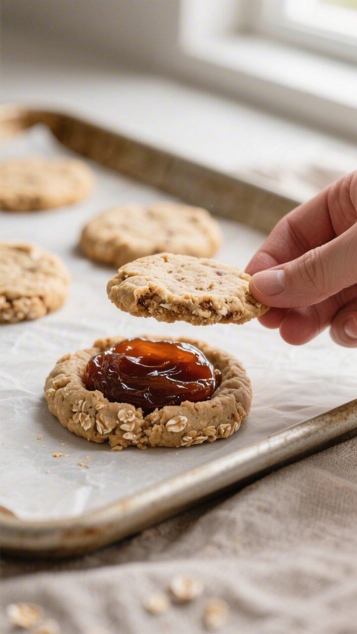 Close-up process shot: A partially assembled date-filled oatmeal cookie on a parchment-lined baking