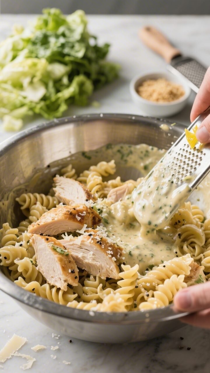 Close-up process shot: cooled pasta and chopped roasted chicken being tossed with two-thirds of the