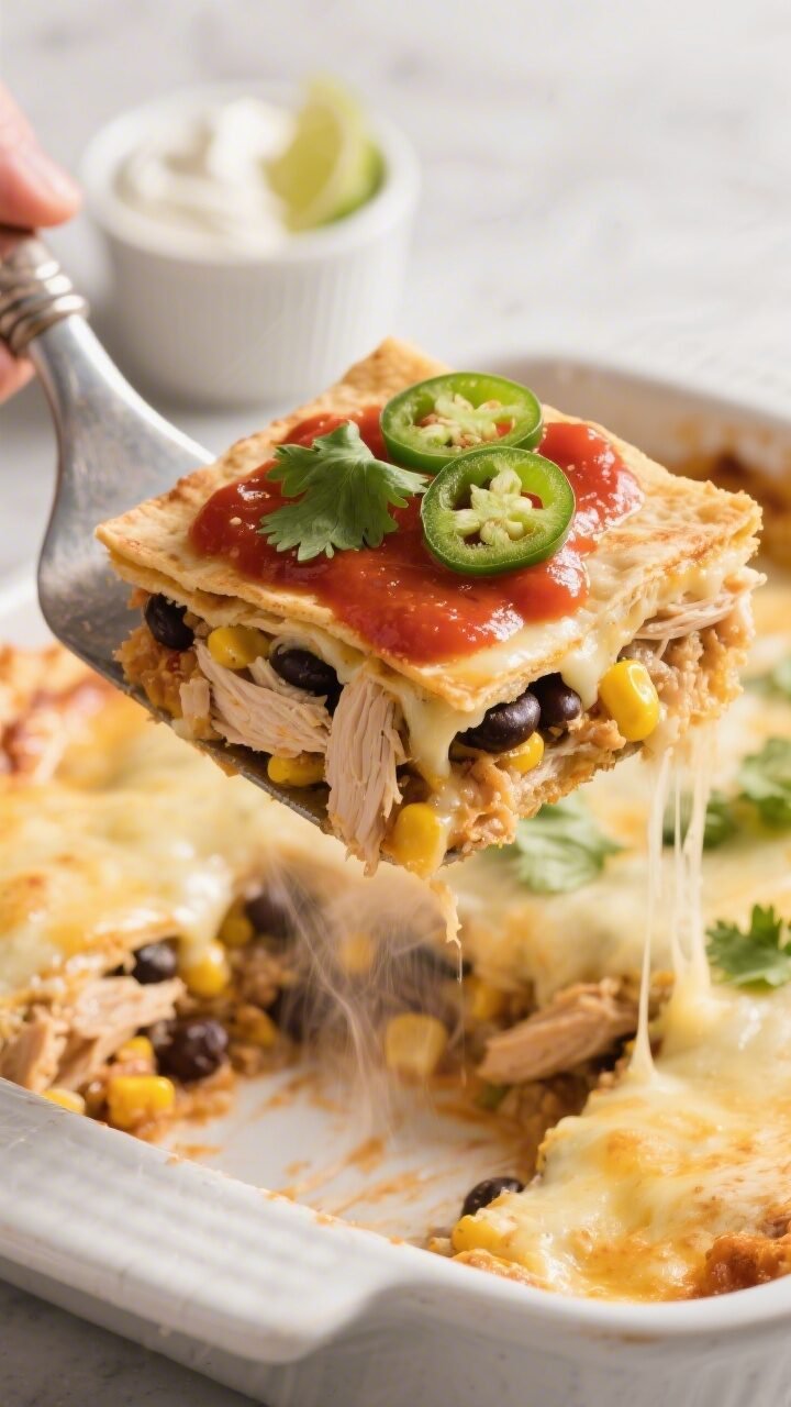 Close-up process shot of a neat square slice being lifted from the casserole with a metal spatula, e