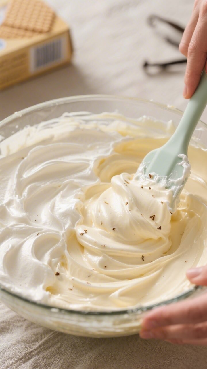 Close-up process shot of the creamy filling being folded until silky: a glass mixing bowl with the t