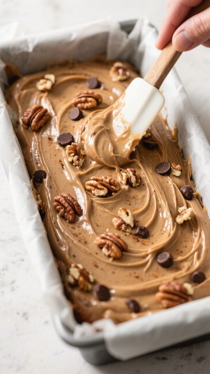 Close-up process shot of the thick, spreadable batter being smoothed in a 9x5-inch parchment-lined l