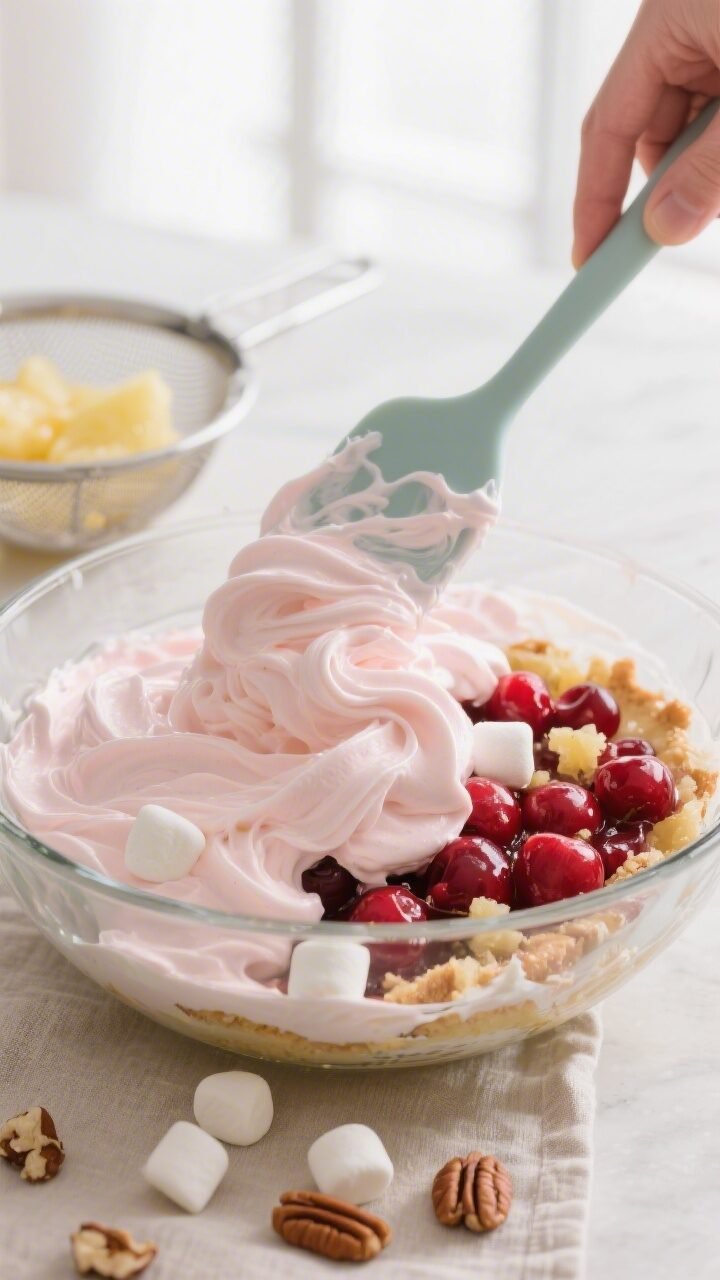 Cooking process close-up: A chilled glass mixing bowl with the creamy cherry fluff being gently fold
