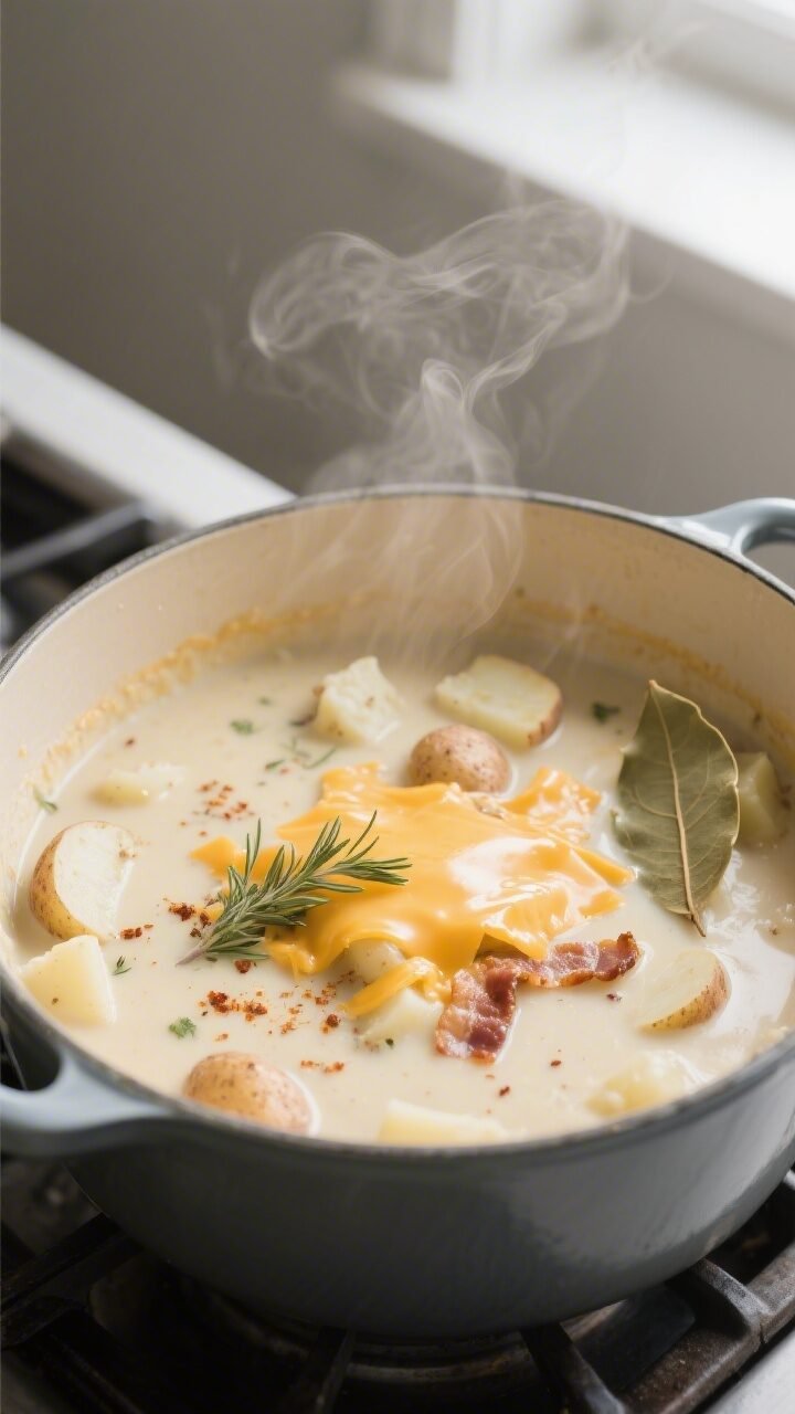 Cooking process close-up: A heavy pot on the stovetop with cheesy potato chowder just after the chee
